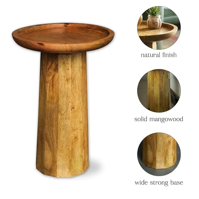 Natural Mango Wood Round Accent Table - Compact Home Furniture for Living Room/Bed Room Sofa Side Bookcase & Elegant Your Living Space Decor Table (Natural)