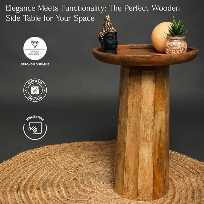 Natural Mango Wood Round Accent Table - Compact Home Furniture for Living Room/Bed Room Sofa Side Bookcase & Elegant Your Living Space Decor Table (Natural)