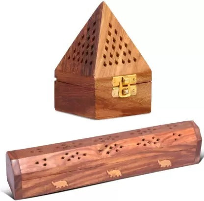 Wooden Pyramid Shape Incense Box Hoder Stand | Wooden Agarbatti Stand with ash Catcher for Home Office | Incense Sticks Holder