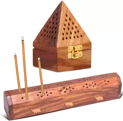 Wooden Pyramid Shape Incense Box Hoder Stand | Wooden Agarbatti Stand with ash Catcher for Home Office | Incense Sticks Holder