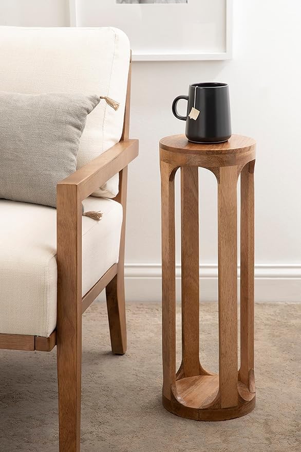 Mango Wood Round Shape Pedestal Design Drink Table For Home & Living room & Bed room & Guest Room / Bath Room/Office Decor & Sofa side & Floor decor Long Side Table For Cup Stand & Flower Pot Decorative Table 23" x 8" x 8"