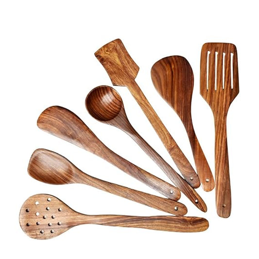Wooden Spoon Set For Cooking Includes Frying Serving Spatula Chapati Dessert Rice Spoons Wooden For Nonstick Cookware Kitchen Utensils And Cooking Spoon Set Of 7