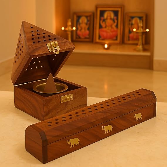 Wooden Pyramid Shape Incense Box Hoder Stand | Wooden Agarbatti Stand with ash Catcher for Home Office | Incense Sticks Holder