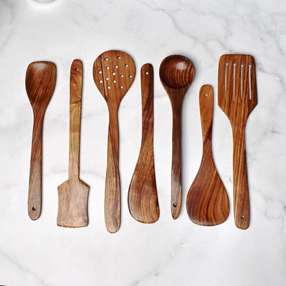 Wooden Spoon Set For Cooking Includes Frying Serving Spatula Chapati Dessert Rice Spoons Wooden For Nonstick Cookware Kitchen Utensils And Cooking Spoon Set Of 7