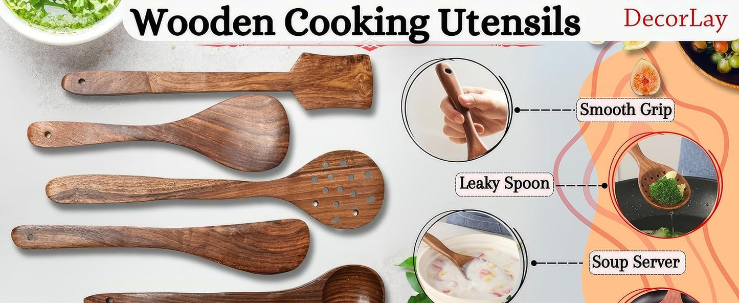 Wooden Spoon Set For Cooking Includes Frying Serving Spatula Chapati Dessert Rice Spoons Wooden For Nonstick Cookware Kitchen Utensils And Cooking Spoon Set Of 5